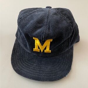 Vintage 80’s Michigan Wolverines Blue Corduroy Snapback Hat Brim Damage